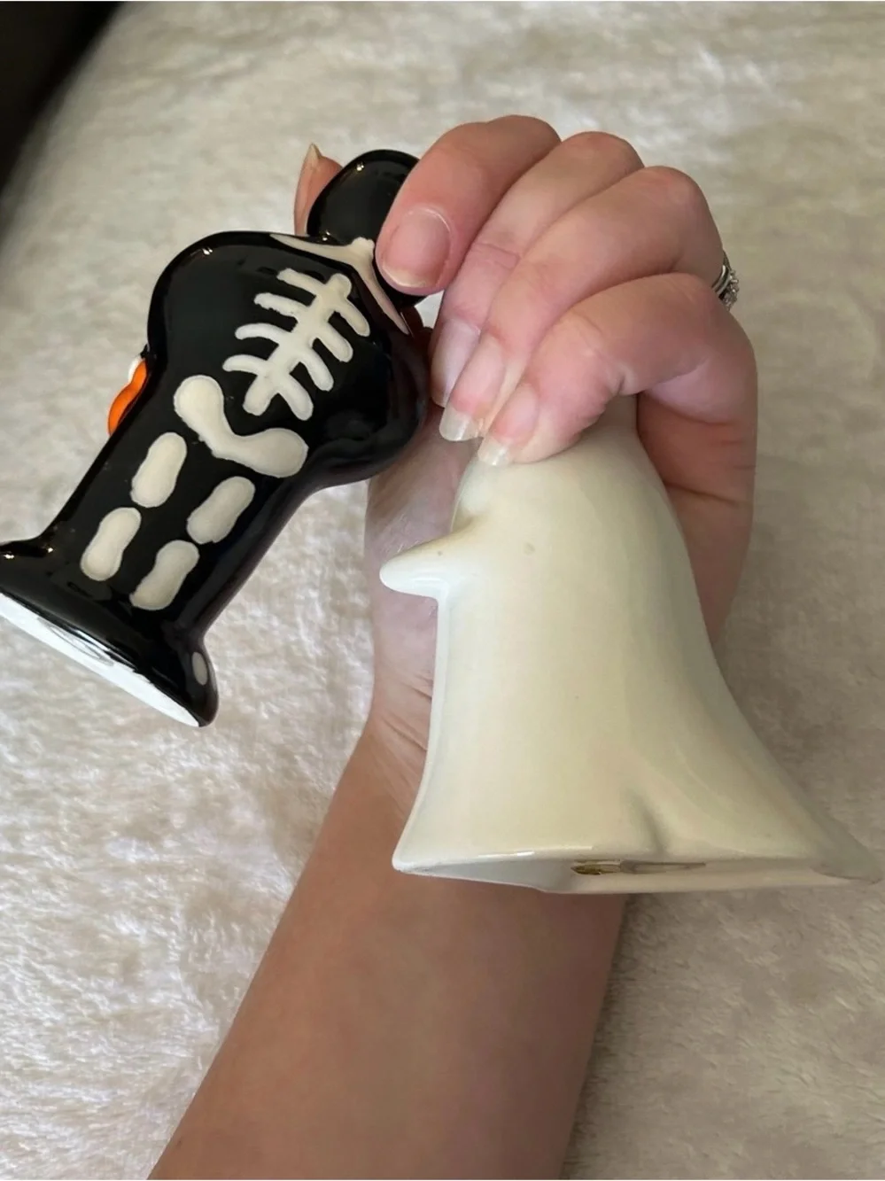 Halloween Ceramic Ghost & Skeleton Trick Or Treaters Salt Pepper Shakers 4”